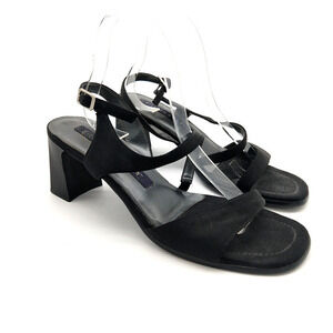Vintage 90s Hillard & Hanson Strappy Heels Size 9.5 Black Chunky Heel Square Toe